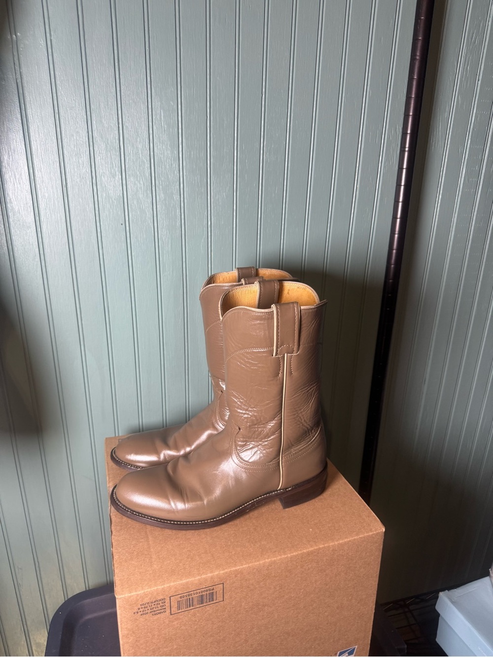 Justin Roper Taupe Leather Western Pull-On Cowboy Boots original Made in USA - Picture 2 of 7